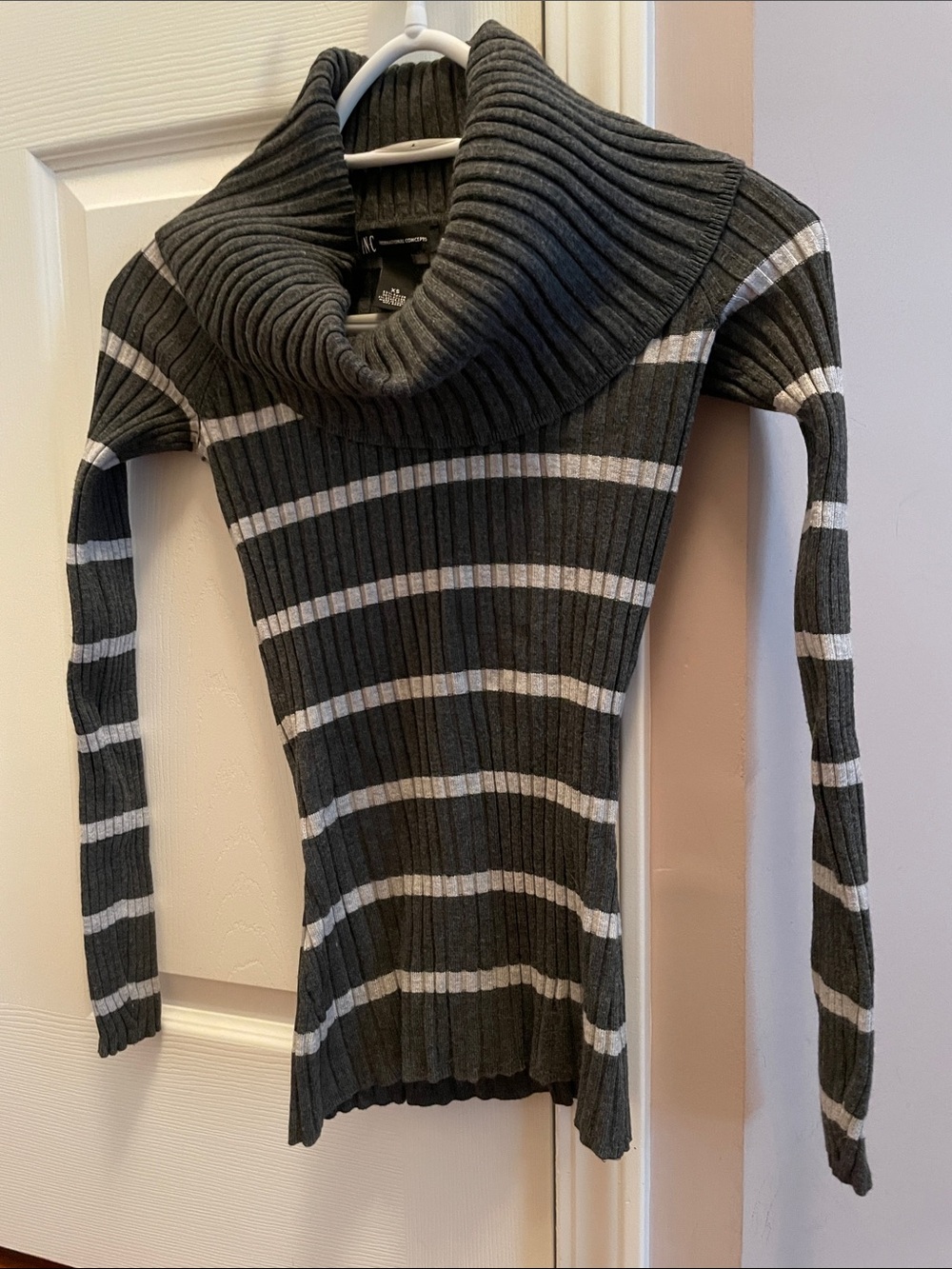 Women's Dark Gray Stripe Ribbed Cowl Neck Sweater